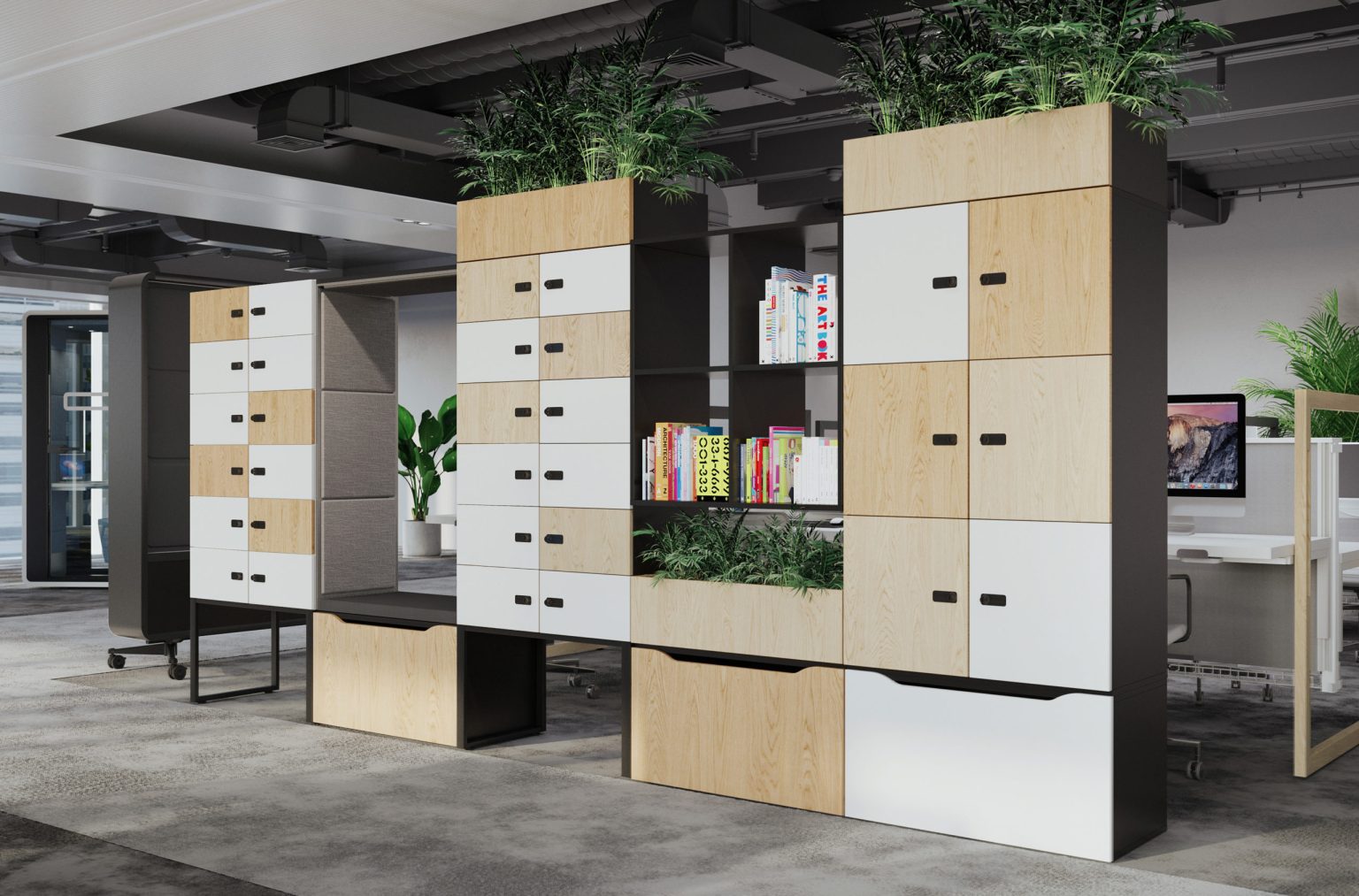Hushlock storage wall with lockers, shelves and planters in an office