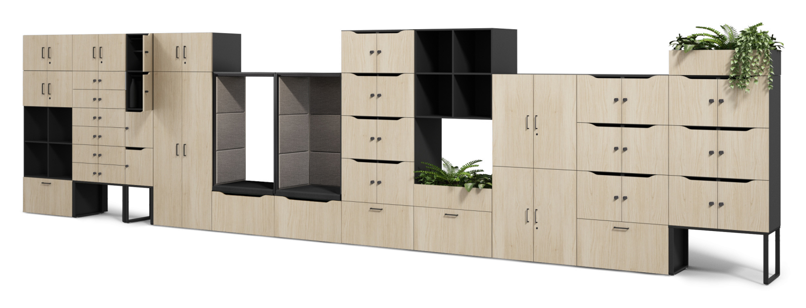 Hushlock storage wall with lockers, open shelving, upholstered seating niches and planters