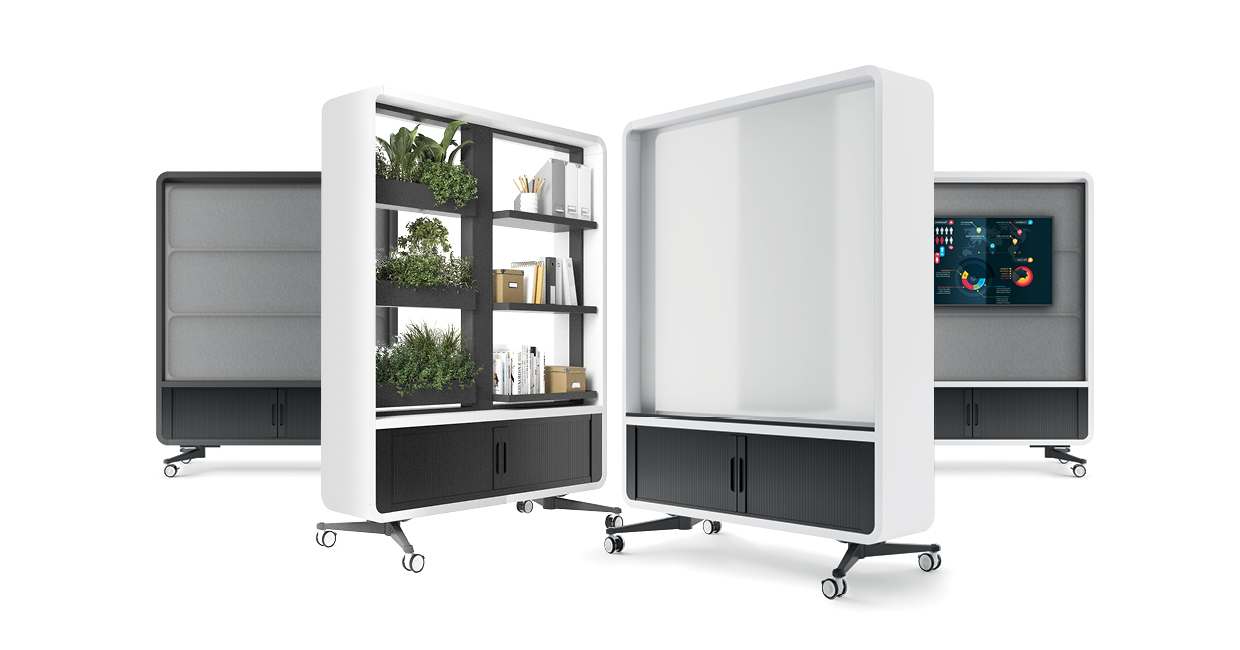 Four Hushwall mobile walls: shelving with plants, dry-erase board, upholstered panel and panel with TV mount