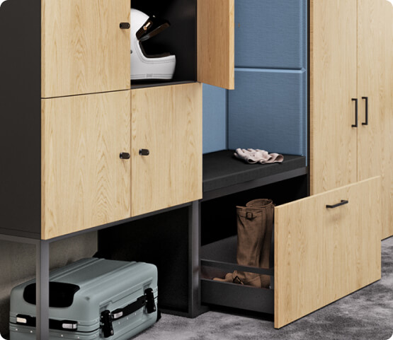 Hushlock reception unit with upholstered niche, wardrobe and shoe compartment