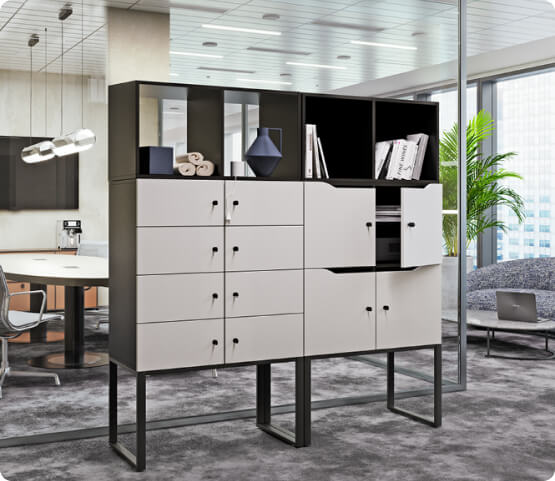 Hushlock unit with open black shelves above white doors