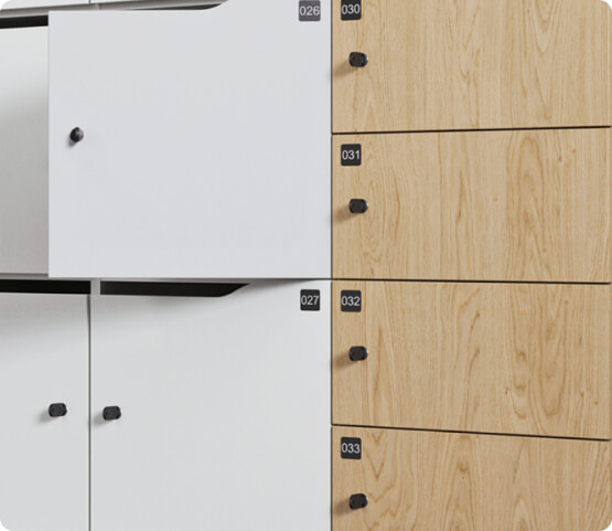 Close-up of white and wooden Hushlock fronts with numbers