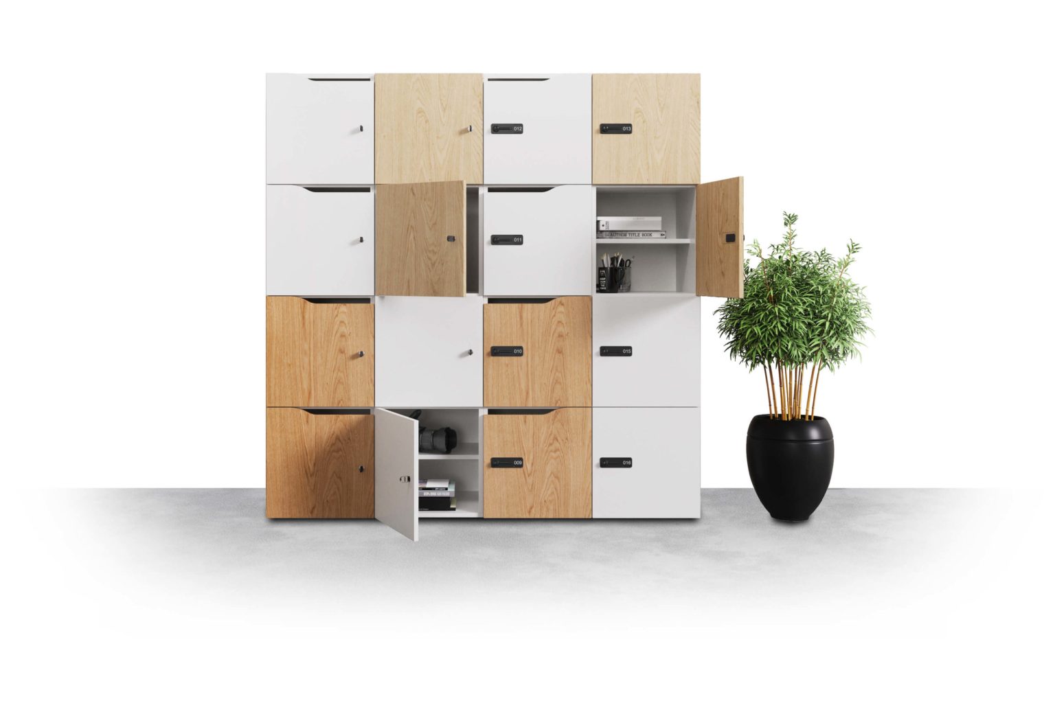 Hushlock locker column with wooden and white fronts
